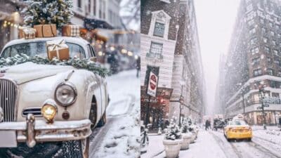Snowy city street scene with classic car carrying gifts, festive decorations, and a yellow taxi in wintry weather.