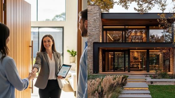 The Ultimate Property Planning Guide for and Developers Real estate agent greeting clients at modern luxury home entrance. | Sky Rye Design Real estate agent greeting clients at modern luxury home entrance.