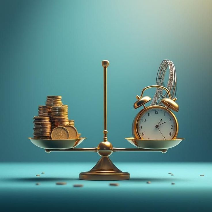 Balance scale weighing coins and clock, symbolizing time versus money concept on a teal background.
