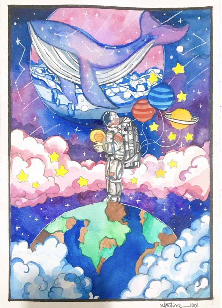 Astronaut with planets and stars on Earth, space-themed art with cosmic whale in colorful sky.