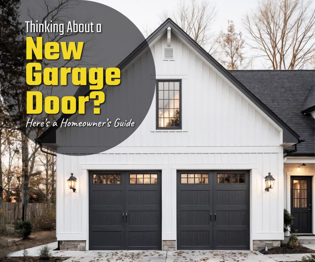 Modern white house with black garage doors, showcasing a homeowner's guide to choosing new garage doors.
