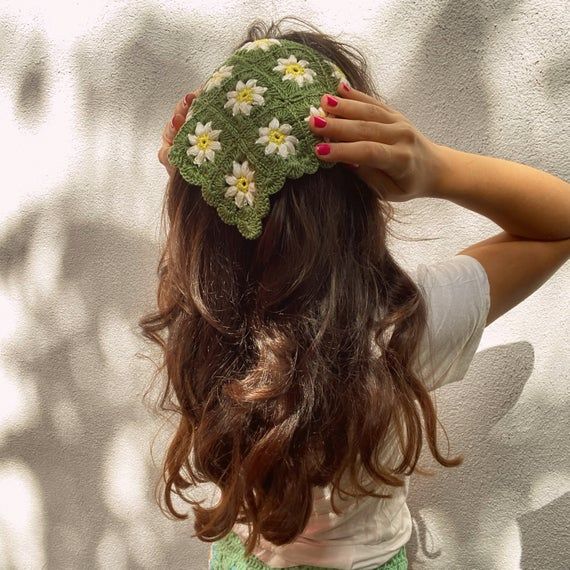 This item is unavailable - Etsy Bohemian crochet headscarf with daisy design on woman with long hair, against a sunlit wall. | Sky Rye Design Bohemian crochet headscarf with daisy design on woman with long hair, against a sunlit wall.