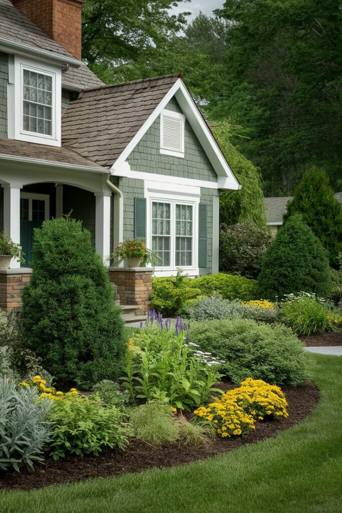 Charming cottage with lush garden and colorful flowers, surrounded by green trees and manicured landscape.