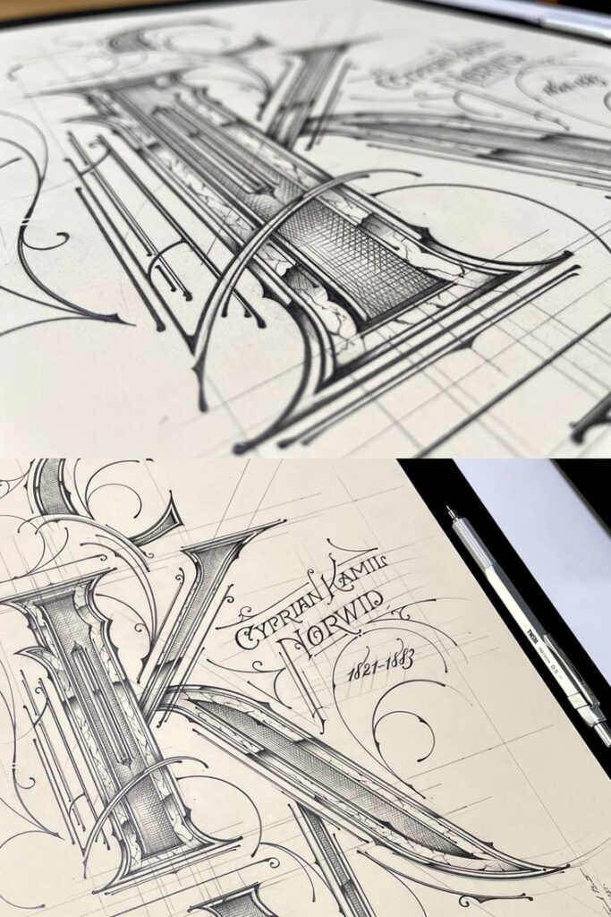 Intricate pen-and-ink sketch of ornamental letter design, featuring detailed flourishes and calligraphy tools.