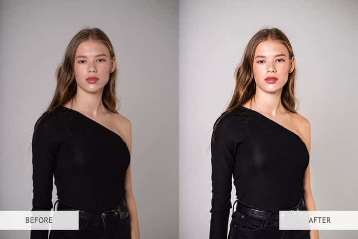Portrait of a woman in a black one-shoulder top, before and after professional retouching.