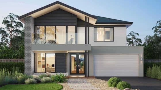 Top Design Trends for Custom Homes in Modern two-story house with large windows, a stone driveway, and landscaped front yard, set against a clear sky backdrop. | Sky Rye Design Modern two-story house with large windows, a stone driveway, and landscaped front yard, set against a clear sky backdrop.