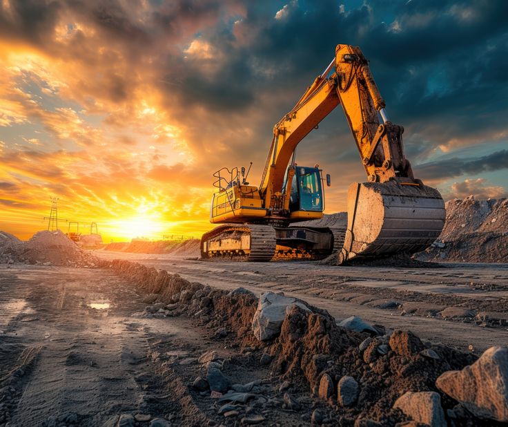 Yellow excavator on a construction site at sunset, with a dramatic sky in the background.