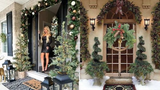 Transform Entryway Dazzling Front Door Decor Ideas Festive holiday porch decor with Christmas garlands, trees, and wreaths in front of elegant entryways. | Sky Rye Design Festive holiday porch decor with Christmas garlands, trees, and wreaths in front of elegant entryways.
