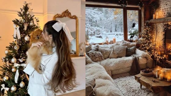 Transform Space Embrace the Winter Aesthetic Living Room Woman with dog by Christmas tree, cozy winter living room with snowy view and candles lit on rustic table. | Sky Rye Design Woman with dog by Christmas tree, cozy winter living room with snowy view and candles lit on rustic table.