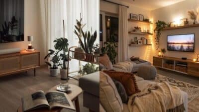 Cozy living room interior with plants, natural light, soft seating, and ambient lighting creating a warm atmosphere.