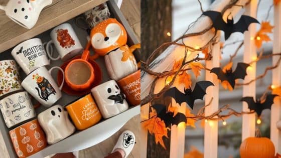 Transform Ultimate Decorations Cozy Halloween-themed mugs and decor with bats and lights create a festive autumn atmosphere. | Sky Rye Design Cozy Halloween-themed mugs and decor with bats and lights create a festive autumn atmosphere.