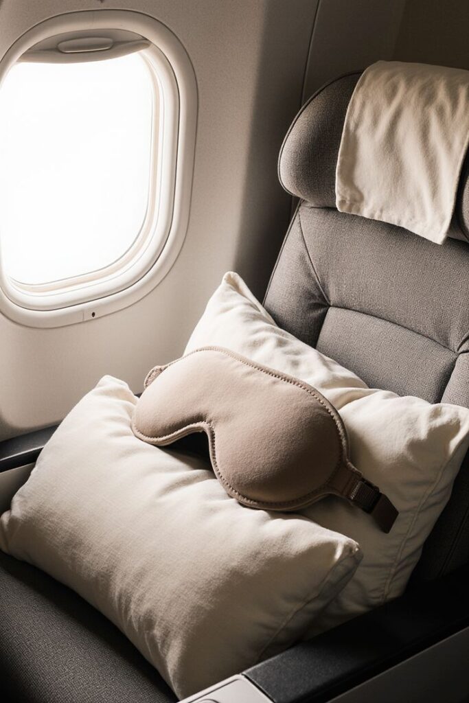 Eye mask on pillow in airplane seat next to window, ensuring travel comfort and relaxation.