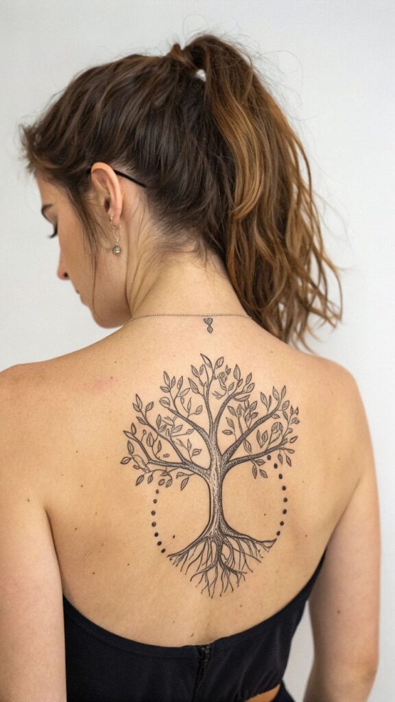 Woman with intricate tree tattoo on back, showcasing nature-themed body art.