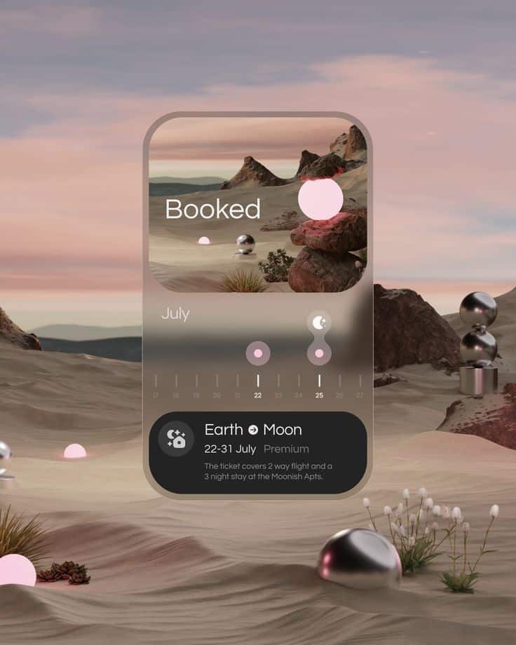 Trends in Design 1 Futuristic travel booking interface displaying Earth-Moon trip details with a scenic landscape background. | Sky Rye Design Futuristic travel booking interface displaying Earth-Moon trip details with a scenic landscape background.