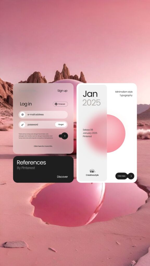 Trends in Design 2 Futuristic login and calendar interface design set in a surreal pink desert landscape, emphasizing minimalism. | Sky Rye Design Futuristic login and calendar interface design set in a surreal pink desert landscape, emphasizing minimalism.