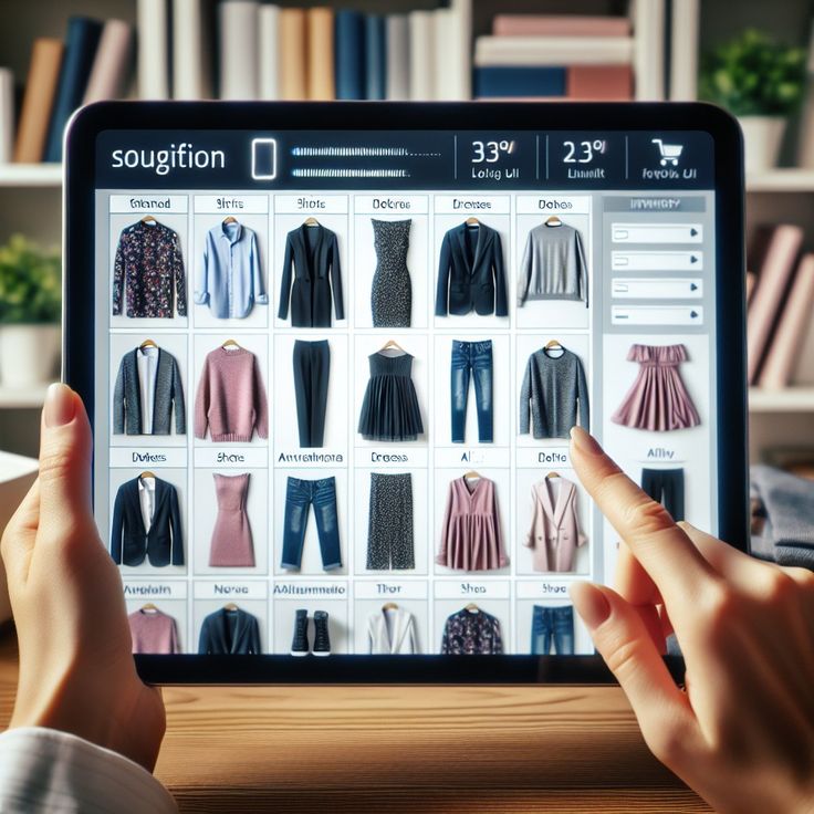 Tablet screen displaying an online clothing store with a variety of outfits for shopping selection.