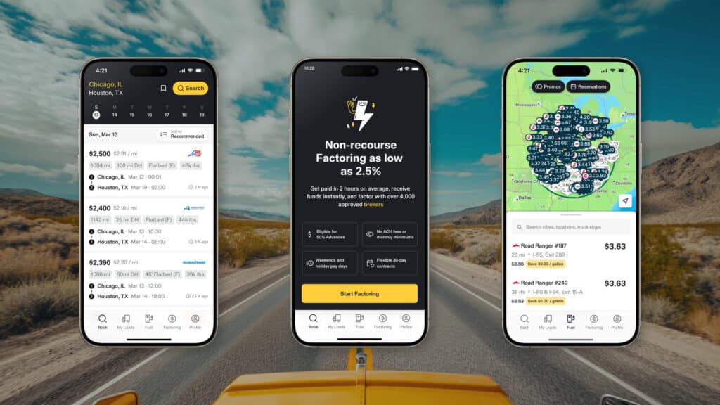 TruckSmarter-Blog-Debt-Deal-1920x1080-1 Three smartphones display trucking app features: load booking, factoring services, and fuel price tracking on a road backdrop. | Sky Rye Design Three smartphones display trucking app features: load booking, factoring services, and fuel price tracking on a road backdrop.