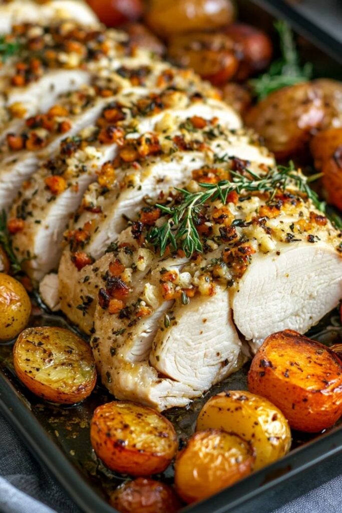 Roasted herb-crusted chicken breast with golden potatoes and fresh rosemary on a baking tray, perfect for dinner.