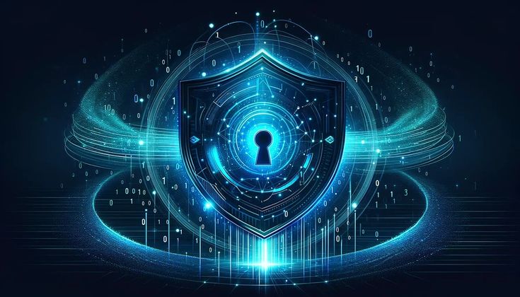 Digital cybersecurity shield surrounded by binary code, symbolizing data protection and secure online communication.