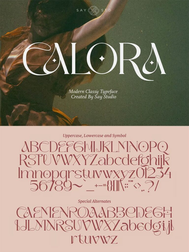 Calora font by Say Studio showcasing modern typeface with uppercase, lowercase, symbols and special alternates.