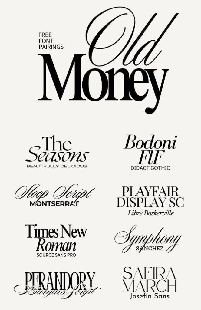 Typographic Design 12 Elegant font pairings for design: Old Money, Seasons, Bodoni, and more. Perfect for classic and modern aesthetics. | Sky Rye Design Elegant font pairings for design: Old Money, Seasons, Bodoni, and more. Perfect for classic and modern aesthetics.