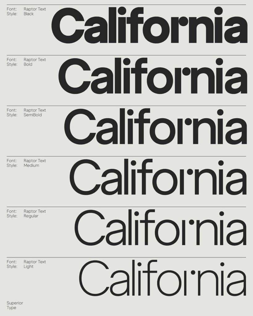 Typographic Design 13 California text in Raptor font, showing styles: Black, Bold, SemiBold, Medium, Regular, and Light. Typography design. | Sky Rye Design California text in Raptor font, showing styles: Black, Bold, SemiBold, Medium, Regular, and Light. Typography design.