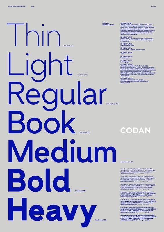 Typographic Design 14 Typography poster showcasing Codan font in various weights: Thin, Light, Regular, Book, Medium, Bold, Heavy. | Sky Rye Design Typography poster showcasing Codan font in various weights: Thin, Light, Regular, Book, Medium, Bold, Heavy.