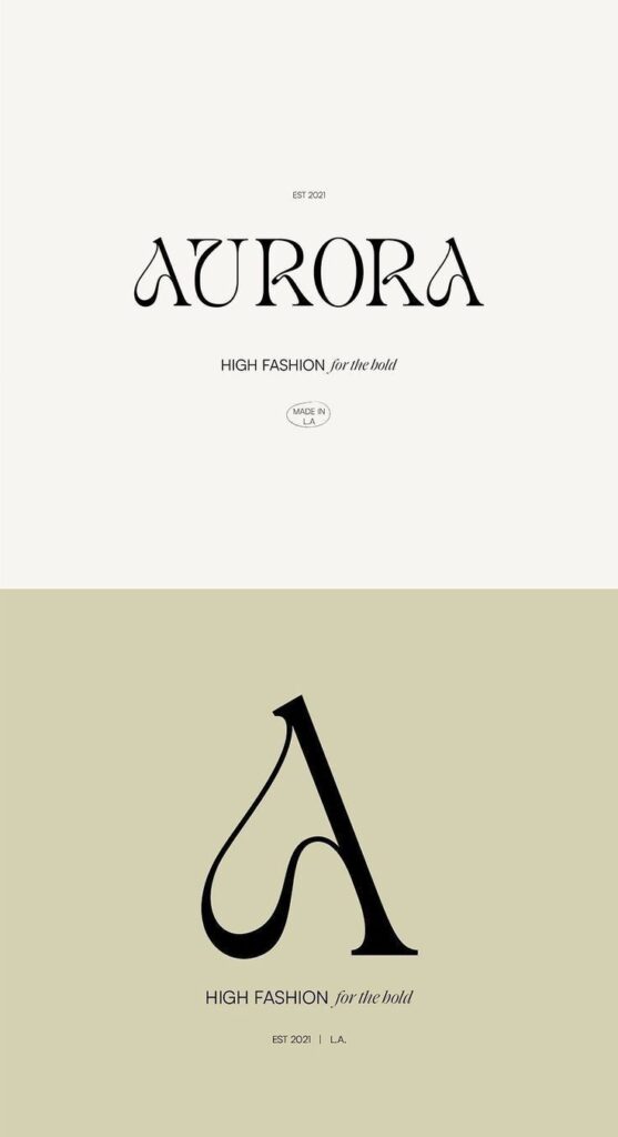 Typographic Design 15 Aurora high fashion logo, established 2021, emphasizes bold style, made in LA. | Sky Rye Design Aurora high fashion logo, established 2021, emphasizes bold style, made in LA.