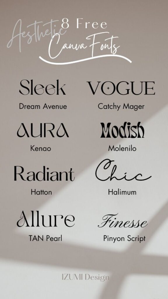 Aesthetic collection of 8 free Canva fonts including Sleek, Vogue, Aura, Modish, Radiant, Chic, Allure, Finesse.