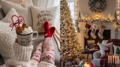 Cozy Christmas living room with hot chocolate, festive decor, stockings, and a beautifully lit tree.