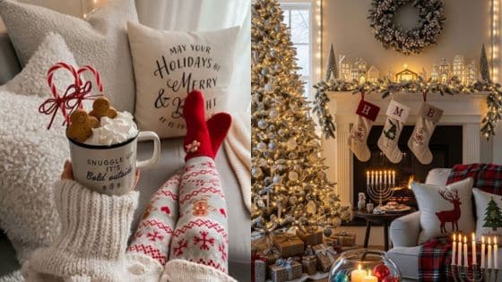 Ultimate Enthusiastic Planning Guide Cozy Christmas living room with hot chocolate, festive decor, stockings, and a beautifully lit tree. | Sky Rye Design Cozy Christmas living room with hot chocolate, festive decor, stockings, and a beautifully lit tree.
