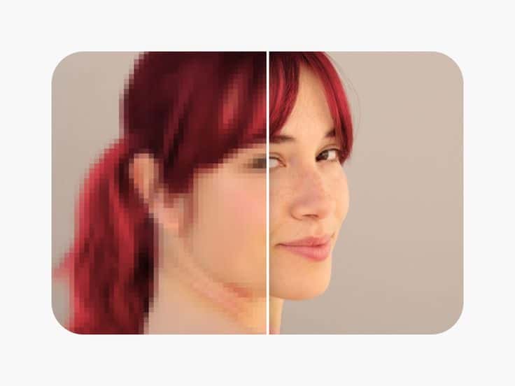 Split image contrasting pixelated and clear photo of a woman with red hair and freckles, highlighting photo clarity.