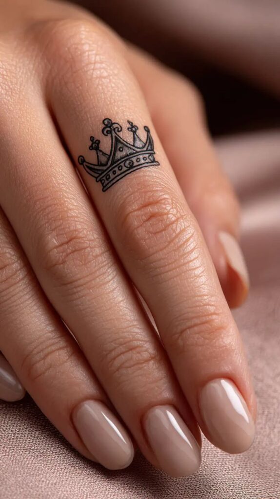 Uncover the magic behind Disney tattoos and their nostalgic appeal_ Get inspired by unique designs and personal stories Elegant crown tattoo on a finger with manicured nails, symbolizing royalty and style. | Sky Rye Design Elegant crown tattoo on a finger with manicured nails, symbolizing royalty and style.