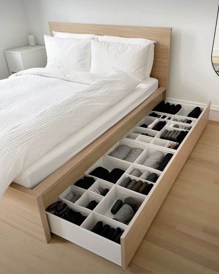 Under-bed storage drawer with organized clothing in a modern bedroom, featuring a wooden bedframe and white bedding.