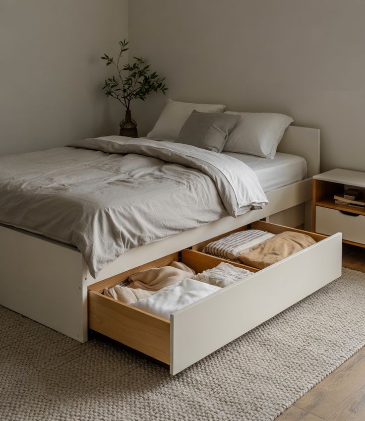 Modern bed with storage drawers, neutral bedding, and a side table in a cozy, minimalist bedroom setting.