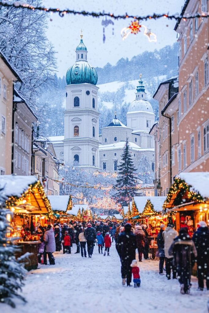 Unique Christmas Destinations for Unforgettable Family Adventures Festive European Christmas market with snow-capped stalls, bustling crowd, and illuminated church towers in the background. | Sky Rye Design Festive European Christmas market with snow-capped stalls, bustling crowd, and illuminated church towers in the background.