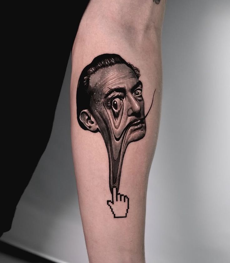 Surreal tattoo of a distorted face with a computer cursor on a forearm, inspired by digital art and surrealism.