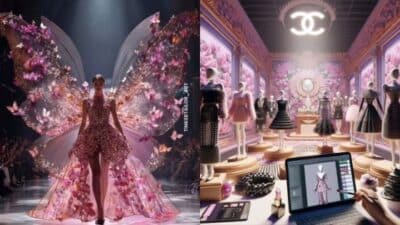 A model in a floral butterfly gown on the runway; fashion design studio with digital sketch, vibrant dresses on display.