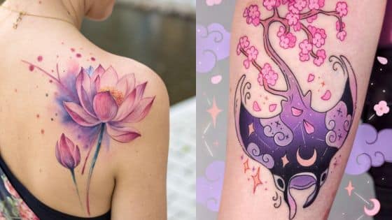 Unleash Creativity The Ultimate Watercolor Tattoo Inspiration Guide Colorful tattoos: a delicate lotus flower on a shoulder and a cherry blossom design on an inner arm. | Sky Rye Design Colorful tattoos: a delicate lotus flower on a shoulder and a cherry blossom design on an inner arm.