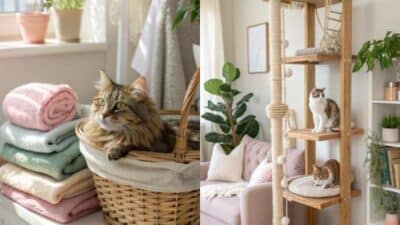Cats lounging in cozy home settings; one in a basket on towels, the others climbing a wooden cat tree.