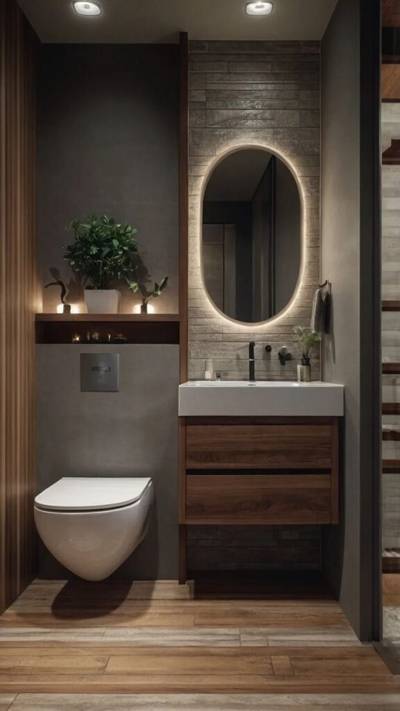 Modern bathroom with wood accents, floating vanity, LED mirror, and wall-mounted toilet. Cozy and elegant design.