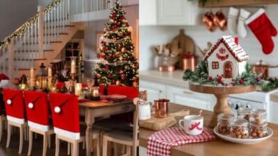 Festive Christmas dining room with tree and Santa chair covers; cozy kitchen with gingerbread house and holiday decor.