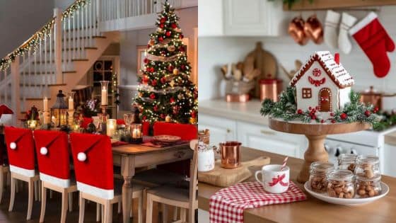 Unleash the Festive Fun with Our Ultimate Party Decor Ideas Festive Christmas dining room with tree and Santa chair covers; cozy kitchen with gingerbread house and holiday decor. | Sky Rye Design Festive Christmas dining room with tree and Santa chair covers; cozy kitchen with gingerbread house and holiday decor.