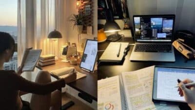 Cozy study setup with books, digital tablets, and laptops in a well-lit room ideal for focused work and productivity.