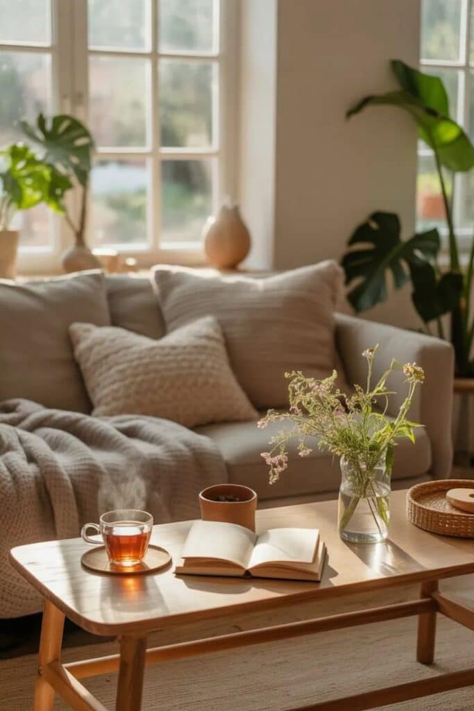 Cozy living room with a sofa, open book, steaming tea, and vase of flowers on a wooden table, bathed in sunlight.