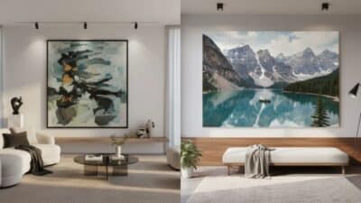 Contemporary living rooms featuring abstract art and a lake mountain landscape, enhancing modern interior designs.