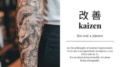 Arm tattoo featuring a detailed fox design next to text defining Kaizen, the philosophy of constant improvement.