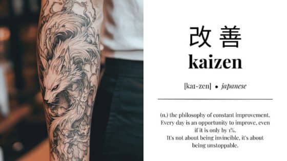 Unveiling the Rich Profound Japanese Tattoo Meaning A Journey into Symbolism Arm tattoo featuring a detailed fox design next to text defining Kaizen, the philosophy of constant improvement. | Sky Rye Design Arm tattoo featuring a detailed fox design next to text defining Kaizen, the philosophy of constant improvement.