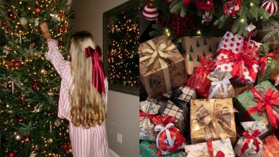 Unwrap JoyDiscover the Best Secret Gift Ideas for This Season Child decorating Christmas tree in pajamas; stack of wrapped gifts under the tree. | Sky Rye Design Child decorating Christmas tree in pajamas; stack of wrapped gifts under the tree.