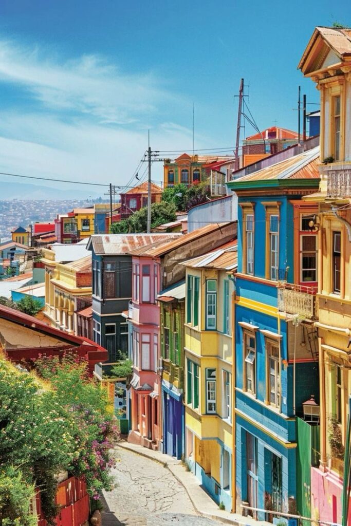 Valparaiso Chile Colorful hillside buildings on a sunny street with a clear blue sky in Valparaíso, Chile. | Sky Rye Design Colorful hillside buildings on a sunny street with a clear blue sky in Valparaíso, Chile.